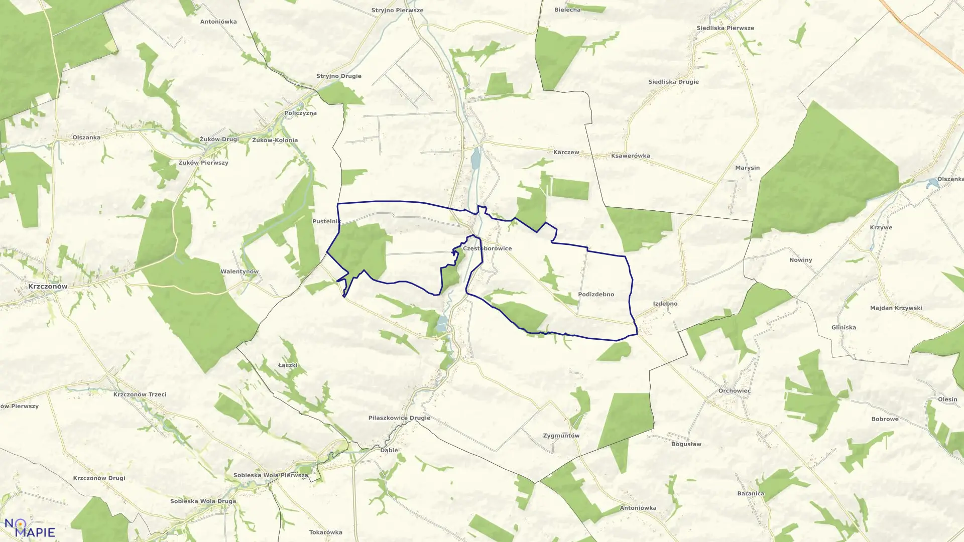 Mapa obrębu Częstoborowice w gminie rybczewice